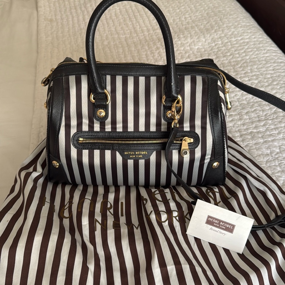 henri bendel Black and White Striped Dome Satchel with Gold Hardware